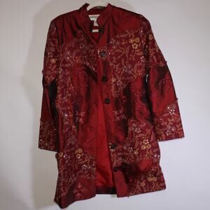 Vintage Tunique Nights Red Silk Blend Button Up Embroidery And Sequins Size S